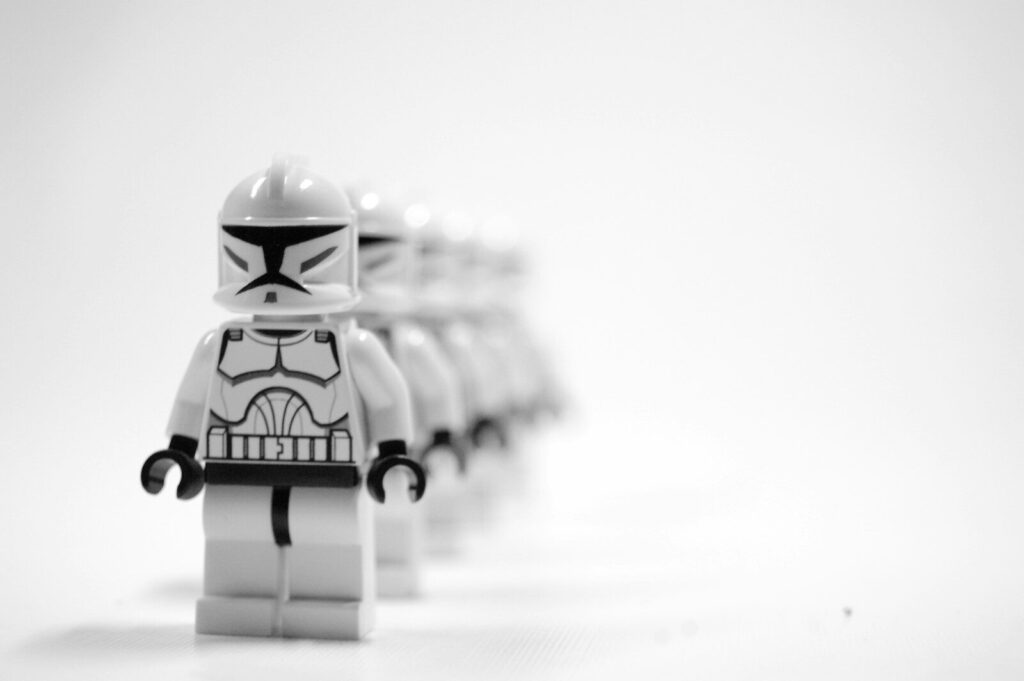 A row of lego star wars characters lined up